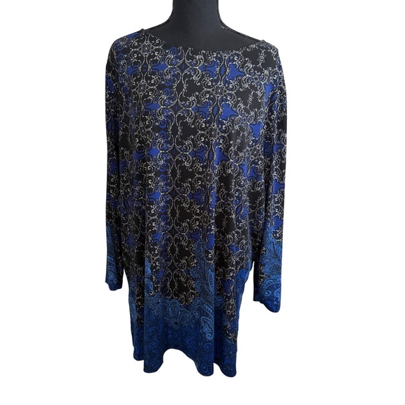 Susan Graver Tops - Susan Graver Blue Paisley Scroll Liquid Knit Tunic Top 3X Long Sleeve Office